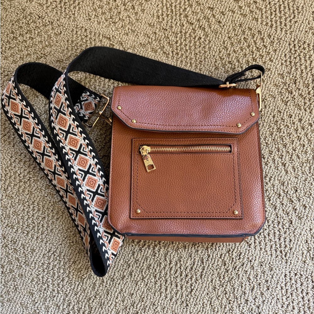 Steve Madden Cognac Pebbled Leather Crossbody with Patterned Strap